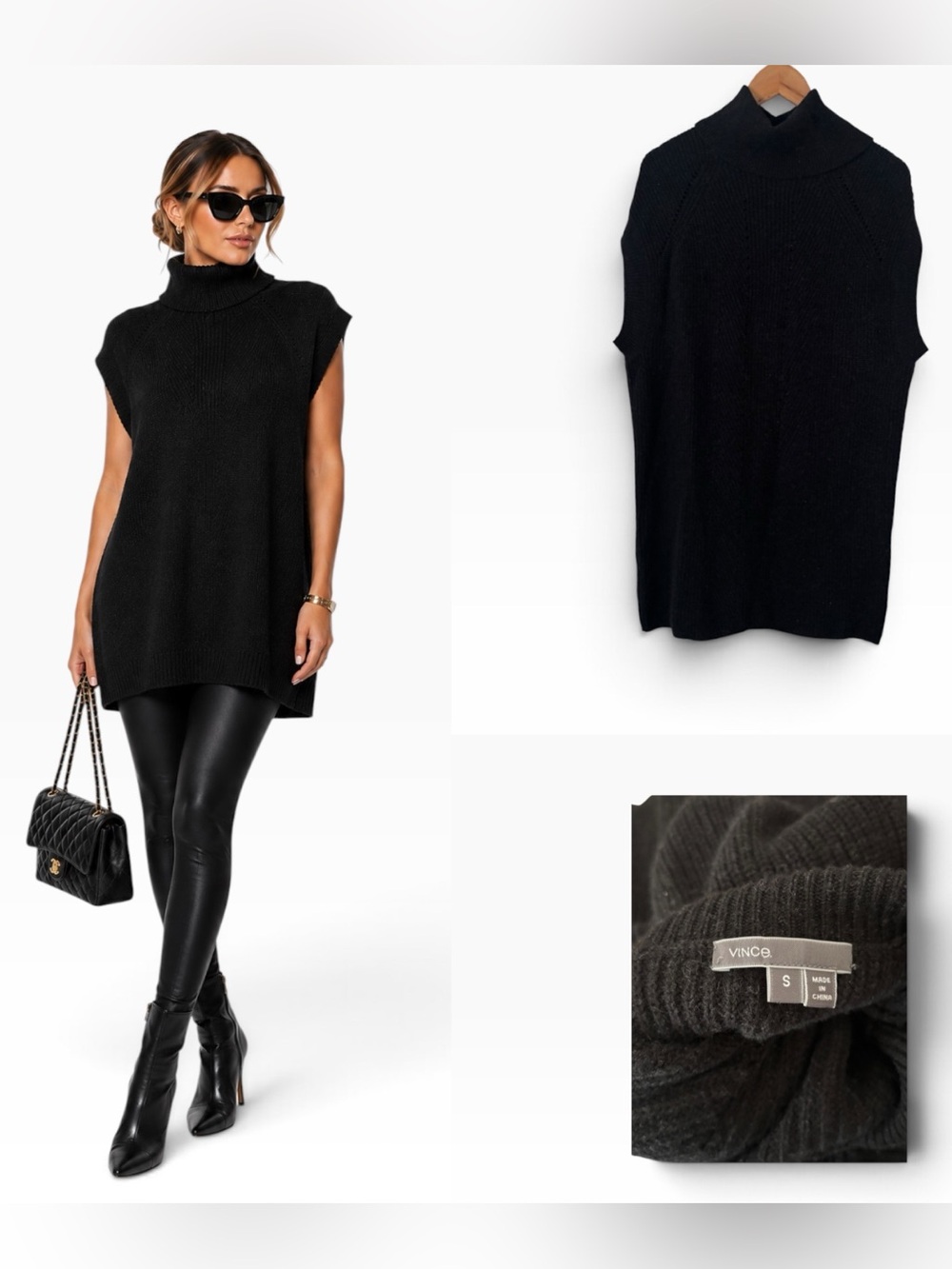 Vince Black Chunky Wool Cashmere Blend Knit Tunic - Size Small
